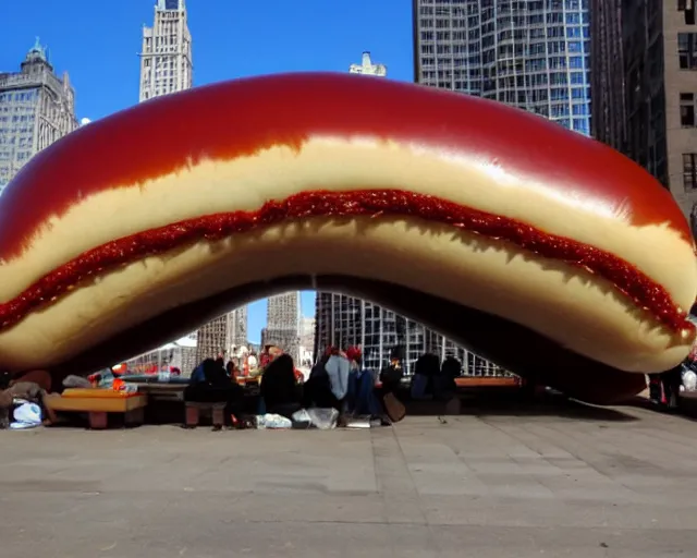 Prompt: the bean in chicago but it's a hotdog