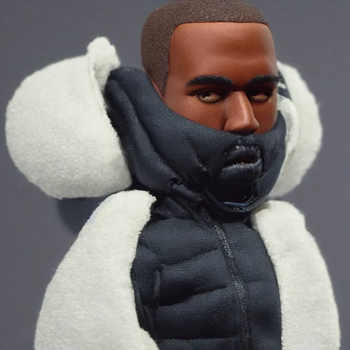 Prompt: kanye west, a goodsmile figure of kanye west using a full face covering black mask, a small, tight, child size reflective bright blue round puffer jacket made of nylon and big black balenciaga rubber boots, figurine, detailed product photo