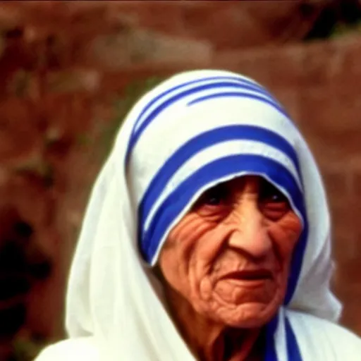 Prompt: A still of Mother Teresa as Rambo in Rambo First Blood