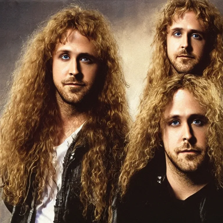 Prompt: Pre-Raphaelite portrait of actor, Ryan Gosling as the leader of a cult 1980s heavy metal band, with very long blond hair and grey eyes, high saturation