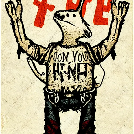 Image similar to grunge patch style Folk punk artwork of a rat holding its thumb out to hitchhike