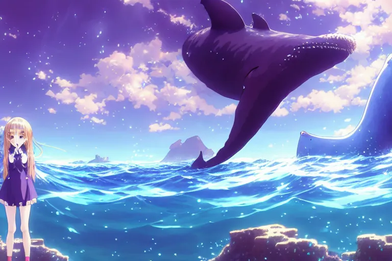 Image similar to a panorama distant view under the water, underwater world, anime art full body portrait character concept art, hyper detailed cg rendering of a cute girl and whale, anime key visual of violet evergarden, finely detailed perfect face, style of raphael lacoste, makoto shinkai, violet evergarden, studio ghibli, james jean, hayao miyazaki, extremely high quality artwork