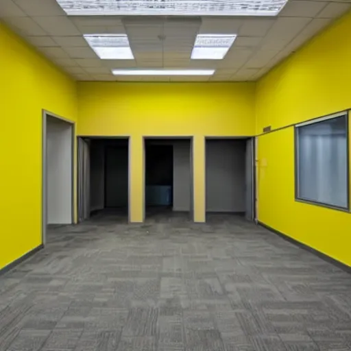 Prompt: empty office space with putrid yellow walls and disgusting fluorescent lights, creepy parallel universe