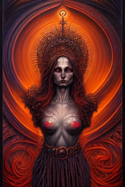 Image similar to A beautiful detailed godness woman super dark tarot card, by tomasz alen kopera and Justin Gerard, symmetrical features, ominous, magical realism, texture, intricate, ornate, royally decorated, melting, whirling smoke, embers, red adornements, red torn fabric, radiant colors, fantasy, trending on artstation, volumetric lighting, micro details, 3d sculpture, ray tracing, 8k, anaglyph effect