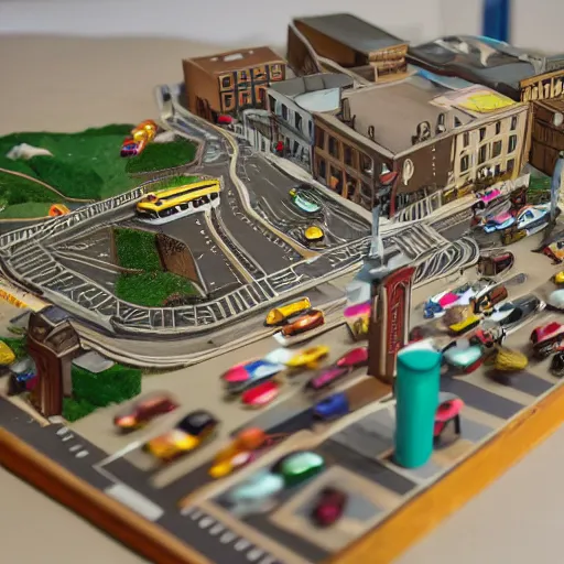 Image similar to paper craft diorama of a city with people and cars