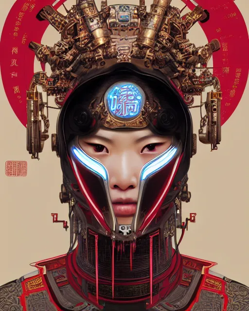 Image similar to portrait of a chinese cyberpunk machine, machine face, robed, upper half portrait, decorated with chinese opera motifs regal royal fierce machine robot cyberpunk fine china, wuxia, traditional chinese art intricate intense elegant highly detailed digital painting artstation concept art smooth sharp focus illustration, art by artgerm and greg rutkowski alphonse mucha 8 k