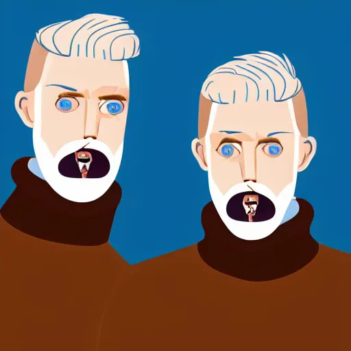 Prompt: A gangly british man, with short blond hair and short blond beard wearing a blue jacket and brown turtleneck , blue eyes, pale skin, English heritage, digital art, cartoon, mid-shot, 8k