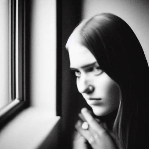 Image similar to black and white fashion photography portrait of a beautiful depressed Woman with detailed face standing by the window, natural light, film grain, soft vignette, sigma 85mm f/1.4 1/10 sec shutter