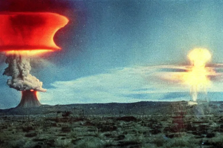 Image similar to nuclear explosion, mushroom cloud in the distance, shockwave rips across the land, cinematic