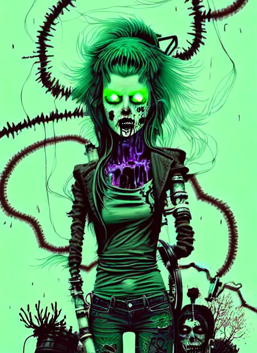 Image similar to highly detailed portrait of an angry wasteland punk long dripping green poison hair tribal zombie lady, stray wiring by atey ghailan, james gilleard, by joe fenton, by greg rutkowski, by greg tocchini, by kaethe butcher, 4 k resolution, gradient purple, brown black and white color scheme!!! ( ( green flaming robotic sewer background ) )