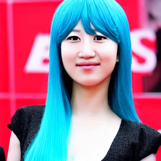 Image similar to photo still of actress miku hatsune with cyan hair, on the red carpet