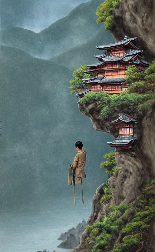 Image similar to amazing detailed intricate photorealistic painting of a house hanging off a cliff edge. a man is standing in the doorway waving. japan. hd. hq