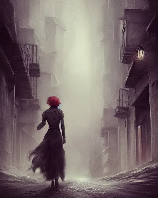 Prompt: A ultradetailed eerie beautiful matte painting of a dangerous redhaired woman walking towards me in a dark alley at night by tom bagshaw concept art, trending on deviantart, illustration, film noire.