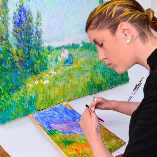 Prompt: a photo of an impressionist artist making a painting of billie ellish