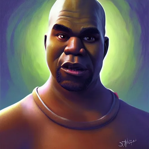 Image similar to shrek as kanye west, brown skin, highly detailed, digital painting, artstation, concept art, smooth, sharp focus, illustration, art by artgerm and greg rutkowski and alphonse mucha