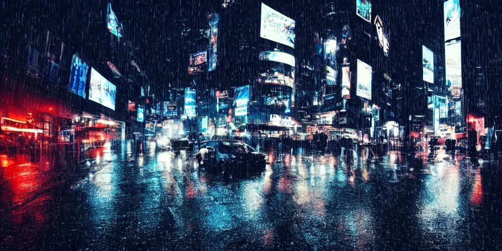 Prompt: a city street at night, raining, photograph, cars on the road, cyberpunk,