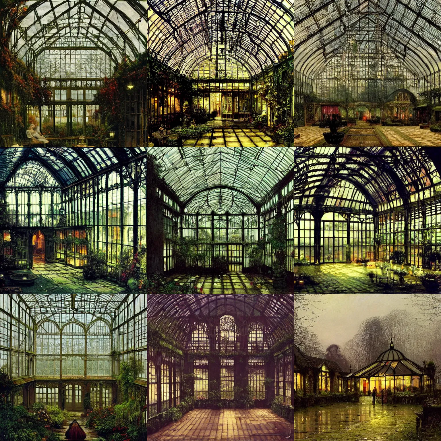 Prompt: a beautiful painting of a large overgrown victorian greenhouse with large windows, warm lights, evening, stunningly beautiful architecture, by john atkinson grimshaw