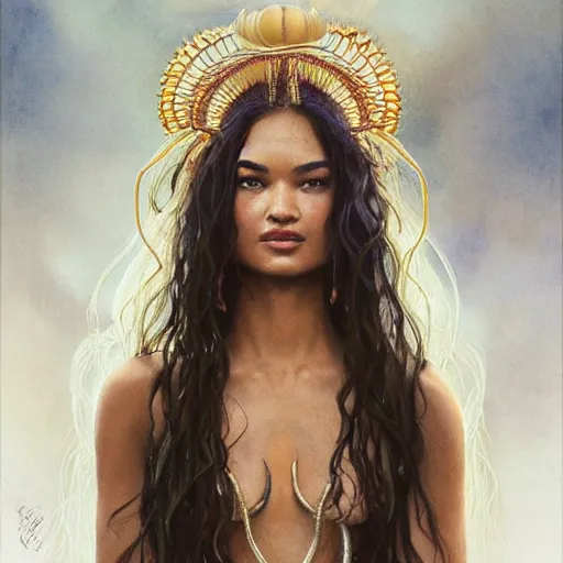 Image similar to Portrait of a Shanina Shaik as Medusa, Watercolor, photorealistic, high resolution, award winning, trending on artstation, olive skin, long dark hair, beautiful bone structure, intricate, elegant, highly detailed, digital painting, artstation, concept art, smooth, sharp focus, illustration, art by artgerm and greg rutkowski and alphonse mucha