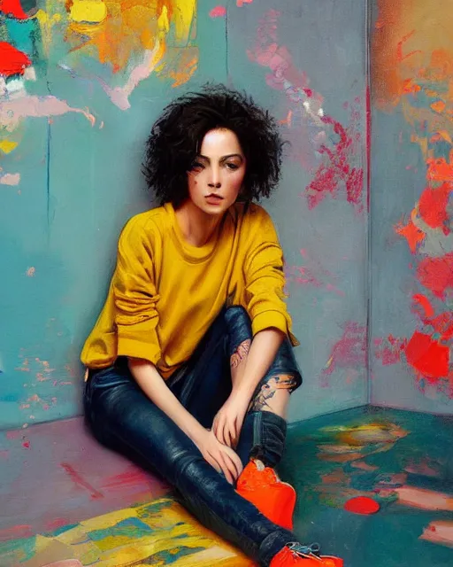 Prompt: a ultradetailed beautiful panting of a stylish woman sitting on the floor in a tiled room, she is wearing streetwear, bright colors, highly detailed face, oil painting, by ruan jia