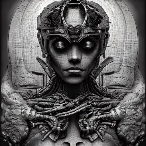 Image similar to a 3 d stone render portrait of a cyborg machina - nymphette by tony diterlizzi and h. r giger, ilford hp 5, 5 5 mm, hyper realistic, hyper - mechanistic by artgerm, tomasz alen kopera, peter mohrbacher, hyper - goth, horror - core, joseph christian leyendecker