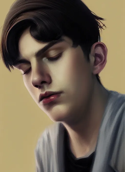 Image similar to portrait of teenage jughead jones wearing a light grey crown, photorealistic, crown, eyes closed, crown, black hair, intricate, elegant, glowing lights, highly detailed, digital painting, artstation, concept art, smooth, sharp focus, illustration, art by wlop, mars ravelo and greg rutkowski