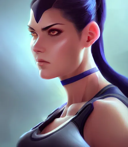 Prompt: beautiful portrait of a gorgeous personal trainer who looks like Widowmaker , character design by charlie bowater, ross tran, artgerm, and makoto shinkai, detailed, soft lighting, rendered in octane