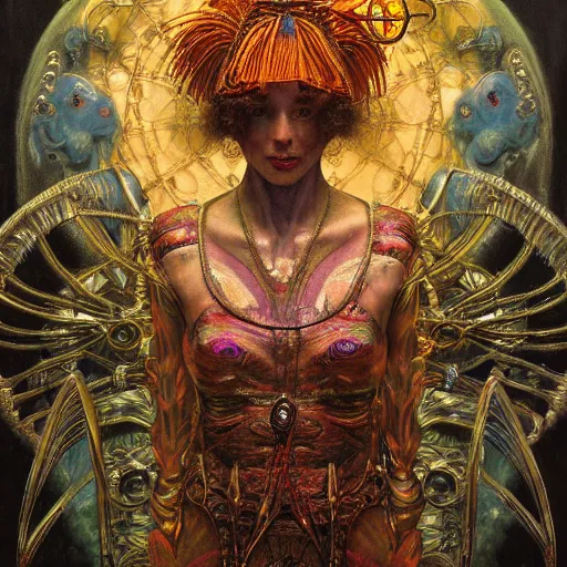 Image similar to baroque portrait of an art deco machine shaman, reflective detailed textures, highly detailed fantasy science fiction painting by annie swynnerton and jean delville and moebius, norman rockwell and maxfield parrish and william holman hunt. modern industrial shaman, rich colors, high contrast. artstation