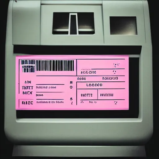 Image similar to a filmic polaroid photo of tickets printing from a ticket machine with symbols, vector graphic design of pale pink airline tickets that read “ to the metaverse ” in bold text, alien ar code and e - ink display, highly detailed, no noise, coherent text english characters