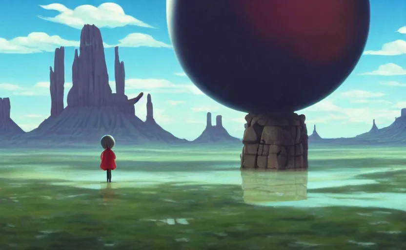 Prompt: a scary hyperrealist painting of a rocketship in a giant transparent forcefield crystal ball from howl's moving castle ( 2 0 0 4 ) in a flooded monument valley stonehenge jungle. depth perception, 4 k, artstation, in the style of studio ghibli