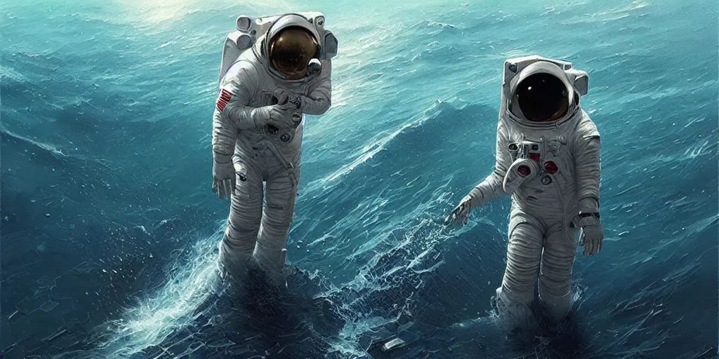 Image similar to an astronaut waist deep in the ocean,digital art,detailed,ultra realistic,art by greg rutkowski