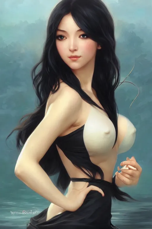 Image similar to nami, long black hair, digital art from artstation by artgerm and william - adolphe bouguereau