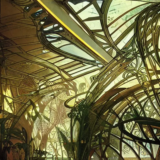 Image similar to old photo overgrown zaha hadid alphonse mucha spaceship symmetry godraysruins in jungle sunlight