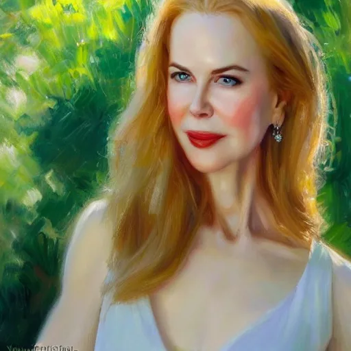 Prompt: closeup portrait of nicole kidman in the garden, evening, highly detailed, ultrarealistic oil painting, vladimir volegov, artstation