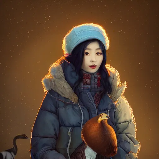 Image similar to the portrait a beautiful grocery young asia woman in down jacket, with a goose ， the background is dust earth road ， river winter an snow, illustration by kim jung gi, irakli nadar, bright colors, octopath traveler, wenjun lin, unreal engine 5 highly rendered, global illumination, radiant light, detailed and intricate environment