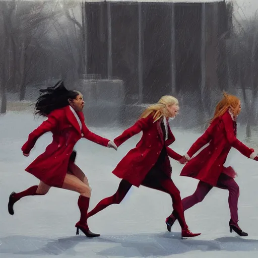 Image similar to sprinting women, wearing red coats, by jon foster