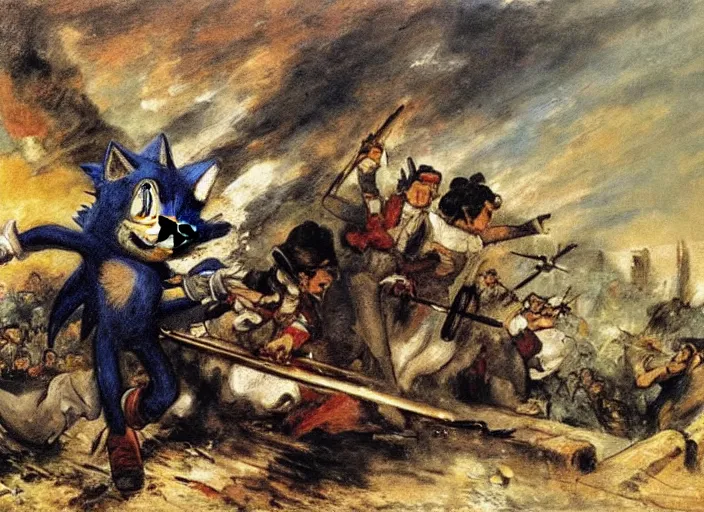 Image similar to romanticism painting of sonic the hedgehog during the french revolution, by eugene delacroix