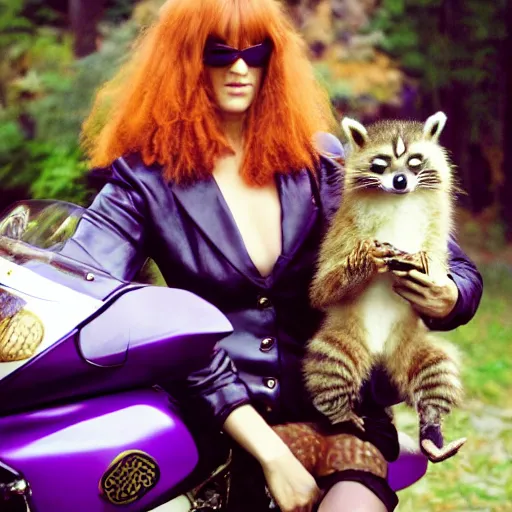 Image similar to a photo by arbus of a slender beautiful woman with straight ginger hair and bangs, wearing purple leathers and gold helmet, posing with large ginger tabby and raccoon on a motorcycle in her front yard, holding coffee mug and toasted brioche bun, fashion photography, dramatic lighting, 8 5 mm lens