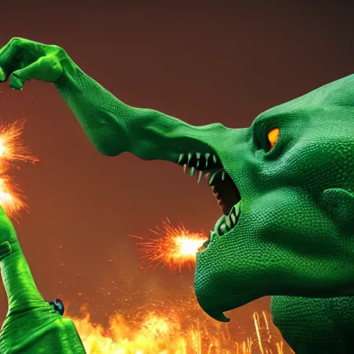 Prompt: a human punching with his right arm at a green tyrannosaurus rex creating a nuclear bomb explosion, 3 d, dynamic lighting, vivid imagery