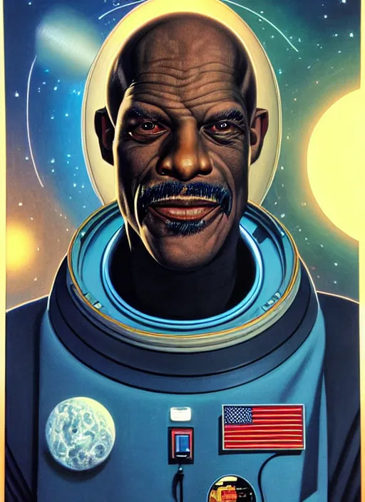 Prompt: symmetrical!! portrait of avery brooks the astronaut. close up. soft lighting, retro 8 0 s, realistic illustration, art by peter elson