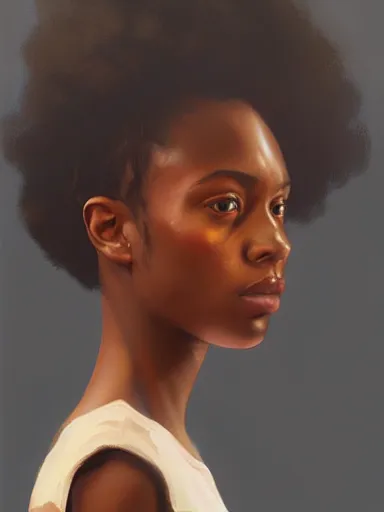Image similar to detailed side profile portrait painting of a black girl, realistic, artstation, symmetrical, digital painting, in the style of kehinde wiley, artem demura, krenz cushart