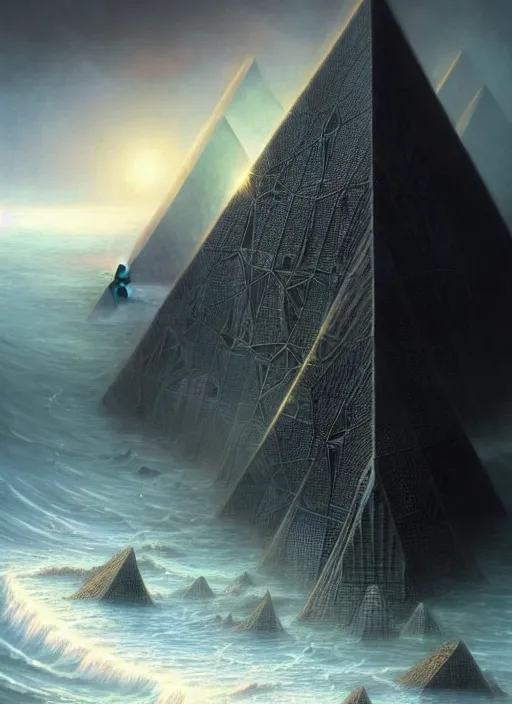 Image similar to a black pyramid emerging from ocean, a scenic dystopian environment, lovecraftian, intricate, elegant, highly detailed, centered, digital painting, artstation, concept art, smooth, sharp focus, illustration, artgerm, tomasz alen kopera, peter mohrbacher, donato giancola, joseph christian leyendecker, wlop, boris vallejo