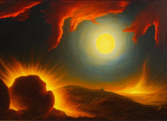 Prompt: the impact of the planet gaia on the earth, right before the moon forms, seas of fire everywhere. in the style of hudson river school of art, oil on canvas