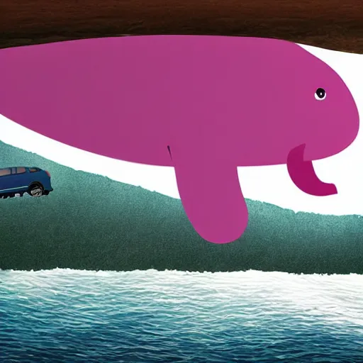 Prompt: a giant pink whale falling our of the blue sky onto cars on a bridge