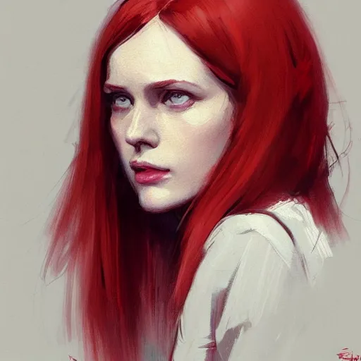 Prompt: Portrait of a woman by Greg Rutkowski, she is about 20 years old, redhead, long straight hair, beautiful oval face, wearing red and black utilitarian jumpsuit, older sister vibes, highly detailed portrait, digital painting, artstation, concept art, smooth, sharp foccus ilustration, Artstation HQ.