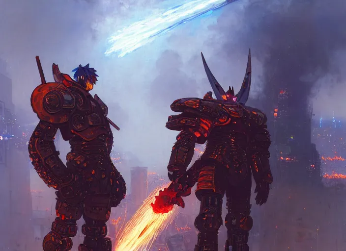 Image similar to two man viking cape evangelion cyborg blue armor sword of fire fighting in cyberpunk tokyo city with explosion by gaston bussiere, anna nikonova aka newmilky, greg rutkowski, yoji shinkawa, yoshitaka amano, tsutomu nihei, muira, moebius, donato giancola, trending on artstation, featured on pixiv