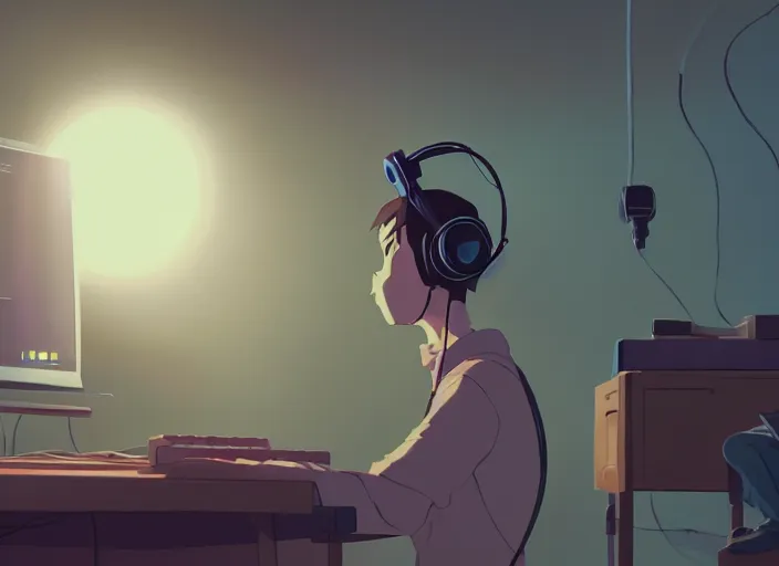 Image similar to man with headphones at his home studio producing music late at night, very detailed, 4 k, cory loftis, james gilleard, atey ghailan, makoto shinkai, goro fujita, studio ghibli, rim light, exquisite lighting, clear focus, very coherent