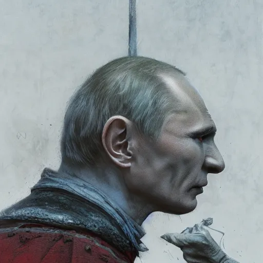 Image similar to vladimir putin is jester in circus, in lunatic asylum, intricate, highly detailed, smooth, artstation, painted by wayne barlowe, greg rutkowski, zdislav beksinski, francis bacon, horror