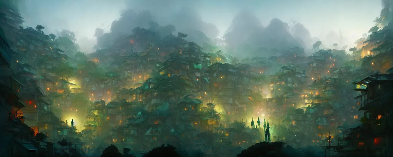 Prompt: cloud forest favelas by peter mohrbacher and craig mullins and james jean and marc simonetti