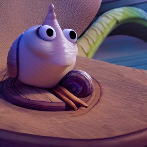 Prompt: cute cartoon snail with cinnamon roll shell, still from pixar movie, disney 3 d, 8 k, octane render