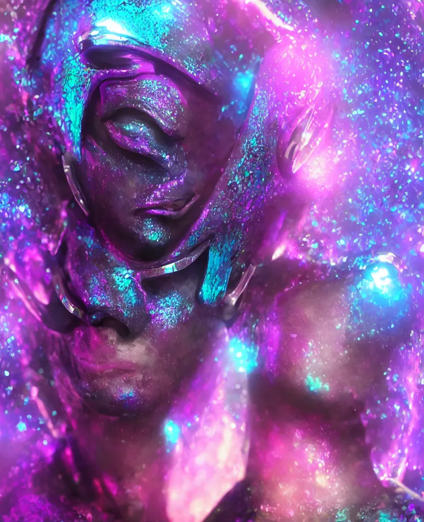 Image similar to beautiful blue alien female, ram horns, glitter, specular reflections, shiny skin, eye tattoo, portrait, synthetic full bodysuit colourful fish scale armour, intricate details, farscape, cinematic, octane render, subsurface scattering, bloom, shadows, purple glowy background, volumetric lighting